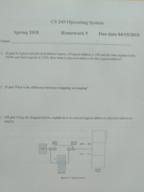 Solved CS 345 Operating System Spring 2018 Homework9 Due | Chegg.com
