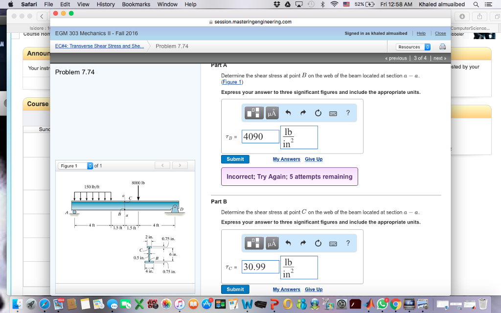 Solved Determine the shear stress at point B on the web of | Chegg.com