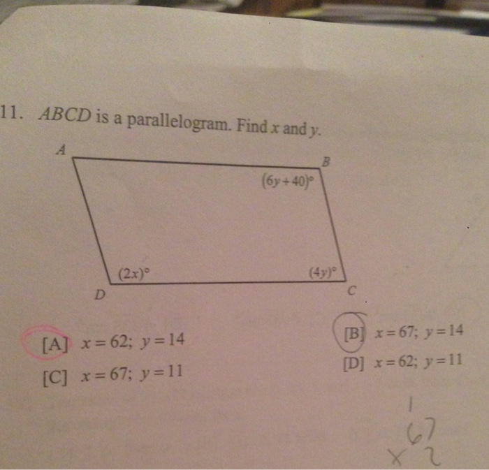 Solved Abcd Is A Parallelogram Find X And Y A X 62 Y 1145