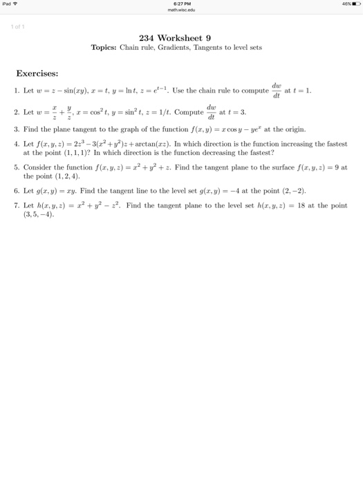 Solved let w z sin xy x t y ln t z e t 1 use chegg