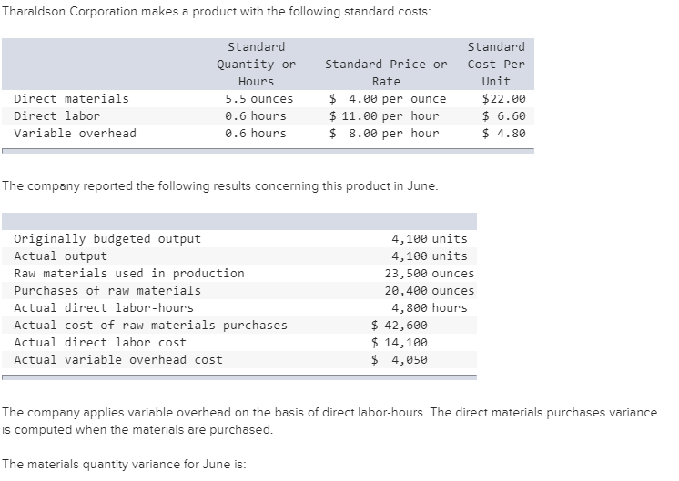 Solved Tharaldson Corporation makes a product with the