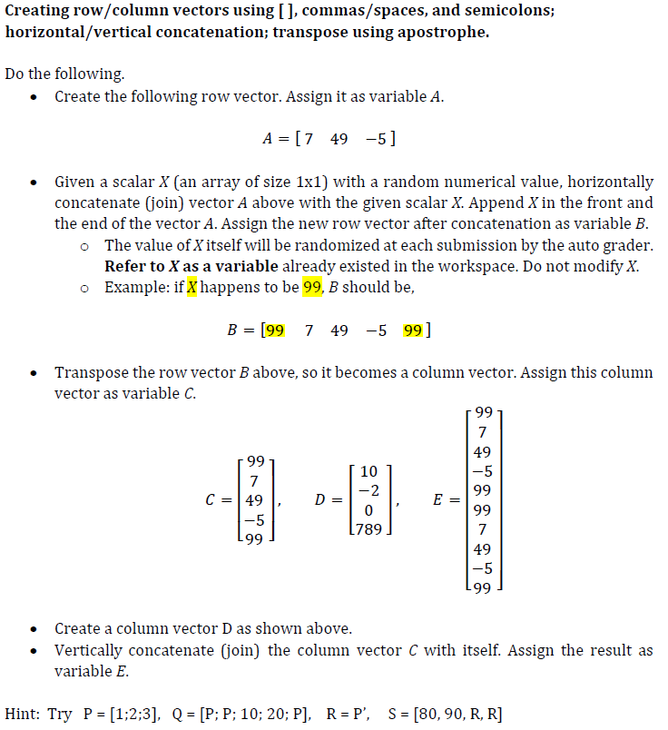 Solved Creating row column vectors using commas spaces