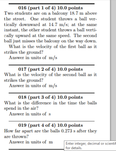 Solved Two Students Are On A Balcony 18.7 M Above The 