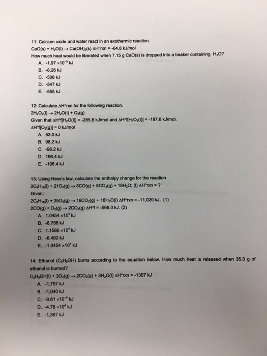 Solved Calcium oxide and water react in an exothermic