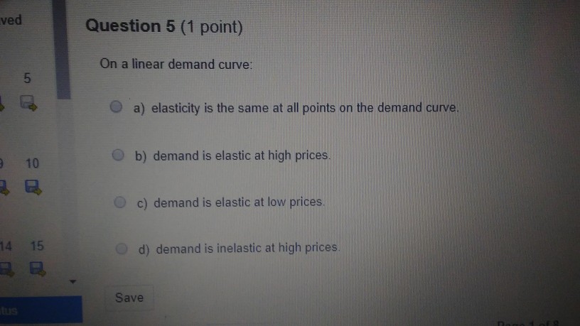 Solved ved Question 5 (1 point) On a linear demand curve: O | Chegg.com