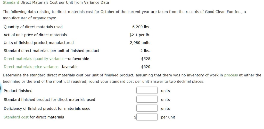 Solved Standard Direct Materials Cost per Unit from Variance