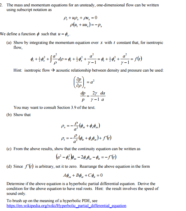 The mass and momentum equations for an unsteady, | Chegg.com
