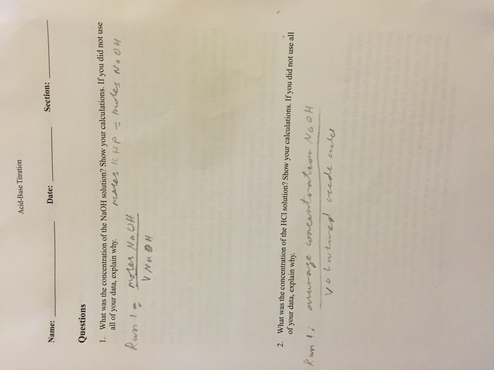 Acid-Base Titration Questions 1. What was the | Chegg.com