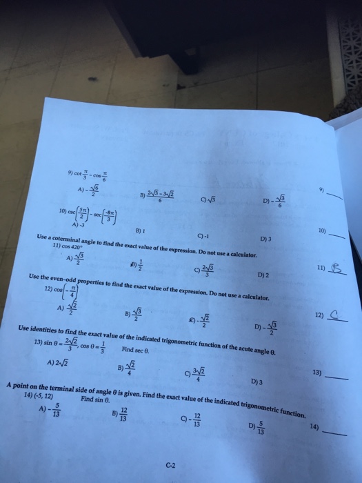 Solved Cot pi/3 - cos pi/6 A) - Squareroot 6/2 B) 2 | Chegg.com