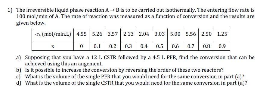 The irreversible liquid phase reaction A → B is to be | Chegg.com