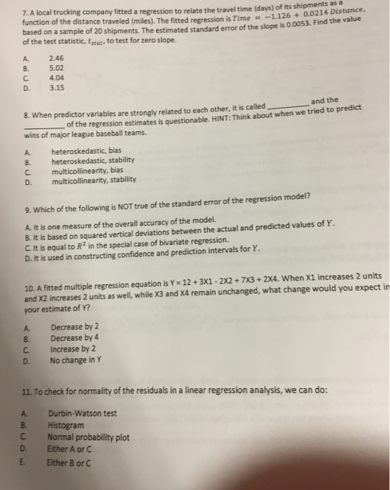 Solved A local trucking company fitted a regression to | Chegg.com