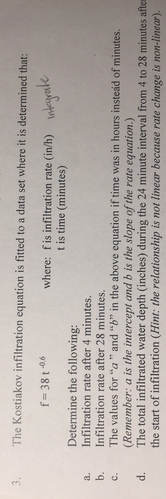 Solved The Kostiakov infiltration equation is fitted to a | Chegg.com