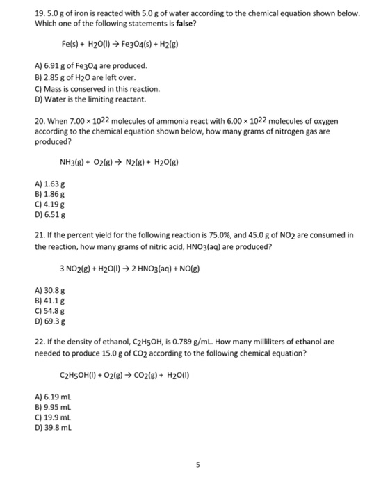 Solved 5.0 g of iron is reacted with 5.0 g of water | Chegg.com