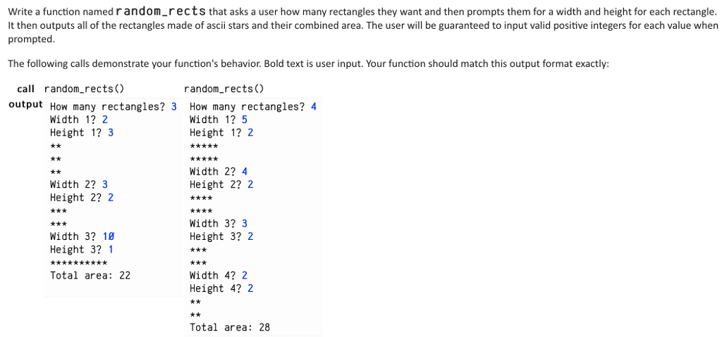 Solved Write a function named random rects that asks a user | Chegg.com