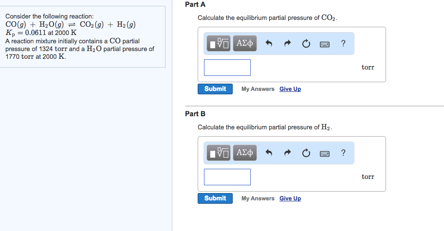 Solved Part A Consider the following reaction CO(g) + H2O(g) | Chegg.com