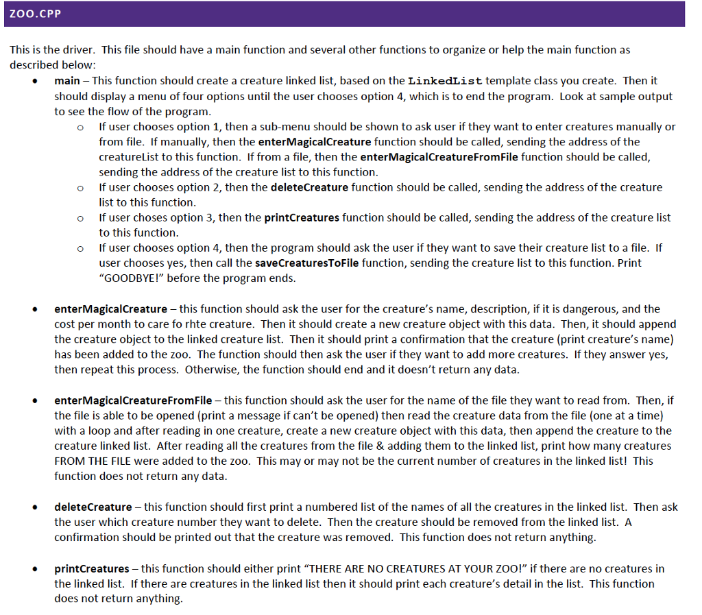 ZOO.CPP This is the driver. This file should have a | Chegg.com