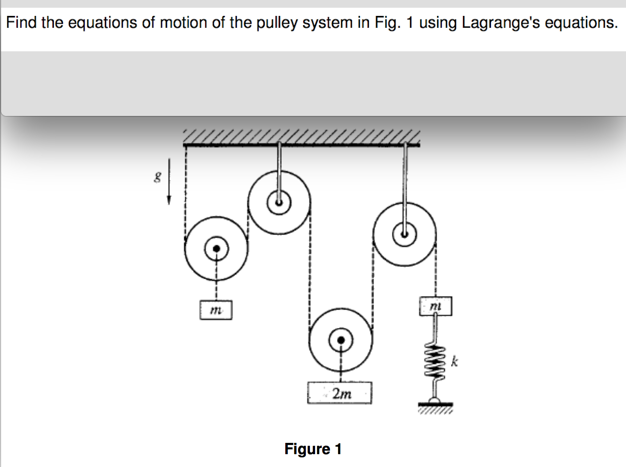 Find the equations of motion of the pulley system in