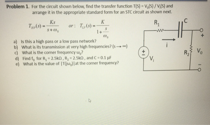 Solved For the circuit shown below, find the transfer | Chegg.com