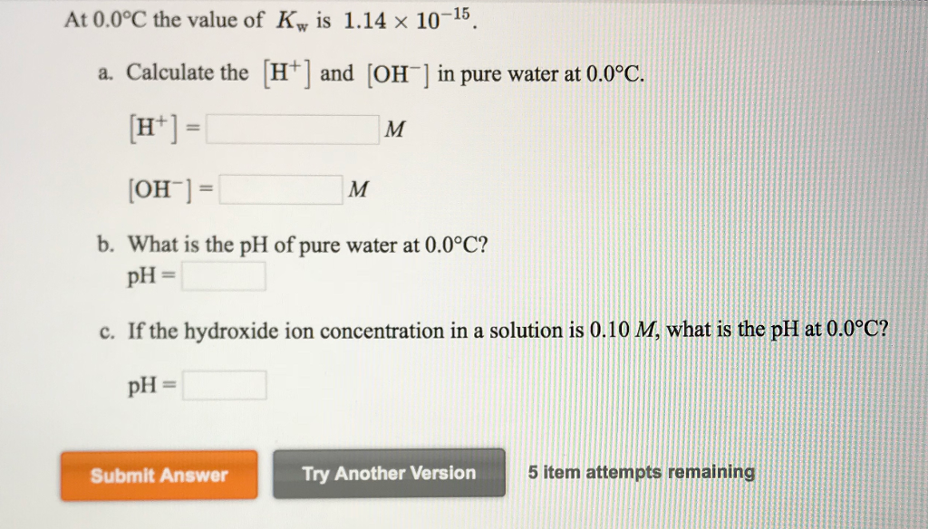 calculate the ph of pure water at 10 c