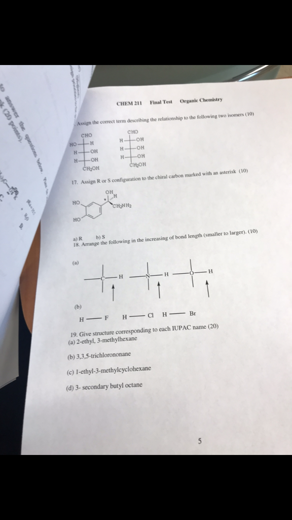 Solved CHEM 211 Final Test Organic Chemistry The Correct | Chegg.com