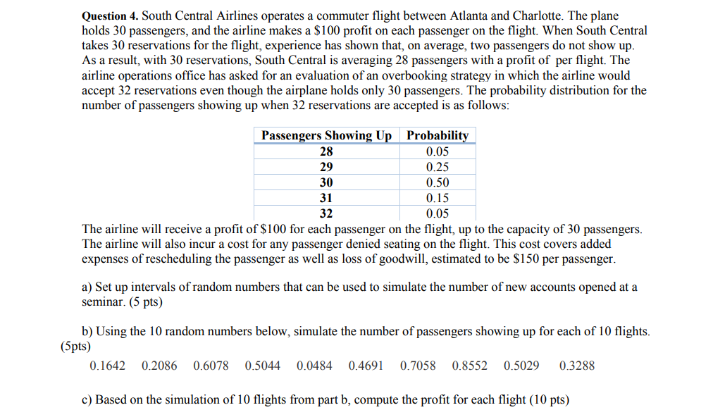 Solved Question 4. South Central Airlines operates a | Chegg.com