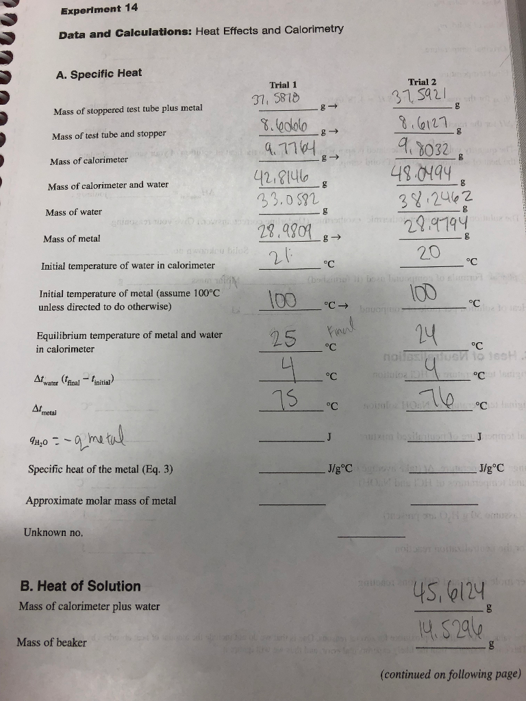 Experiment 14 Data and Calculations Heat Effects and