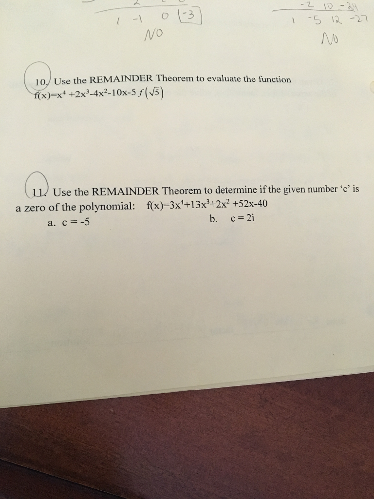 Solved 1 5 1 Vo 10 Use The Remainder Theorem To Evaluate Chegg