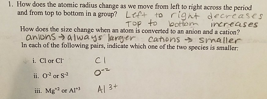 Solved 1. How does the atomic radius change as we move from | Chegg.com