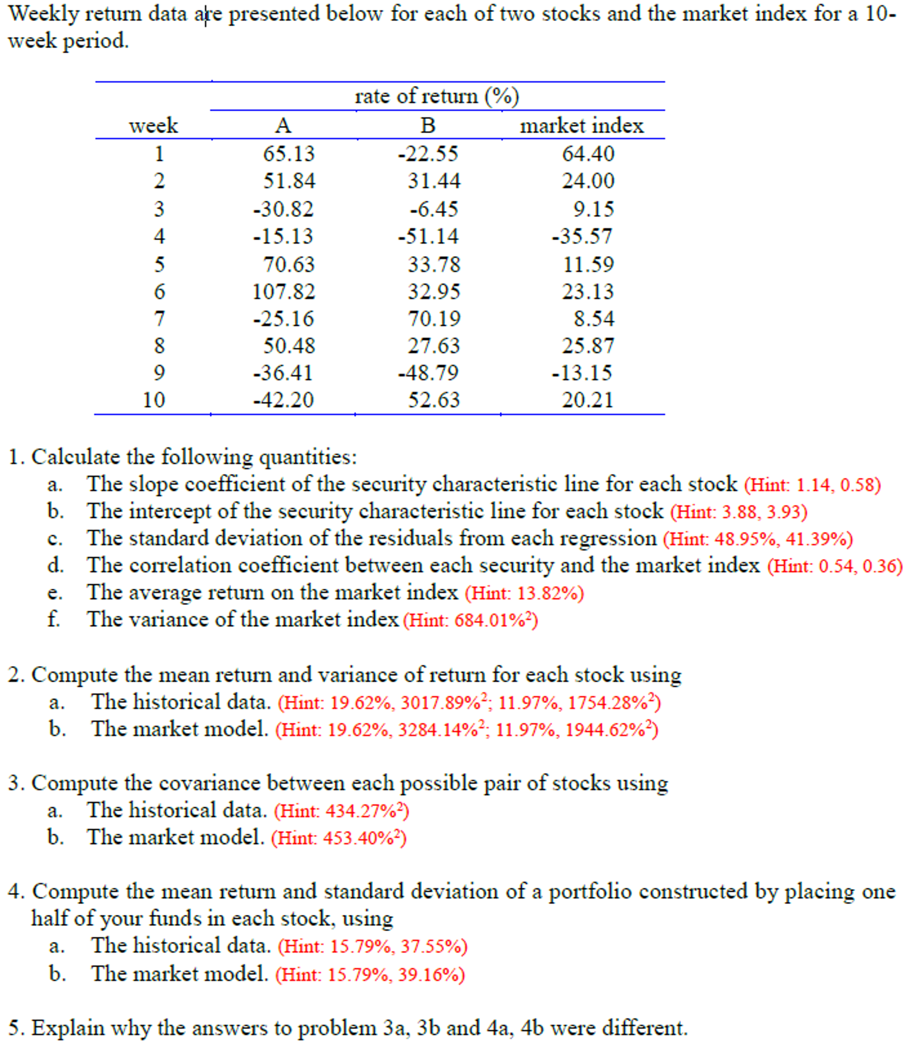 Solved Weekly return data are presented below for each of