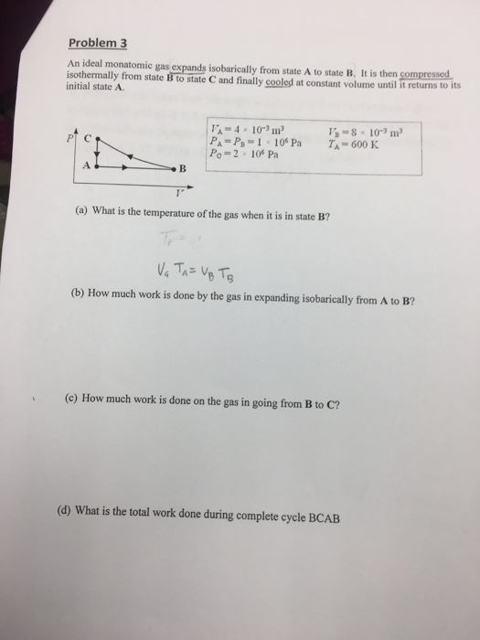 Solved An Ideal Monatomic Gas Expands Isobarically From | Chegg.com