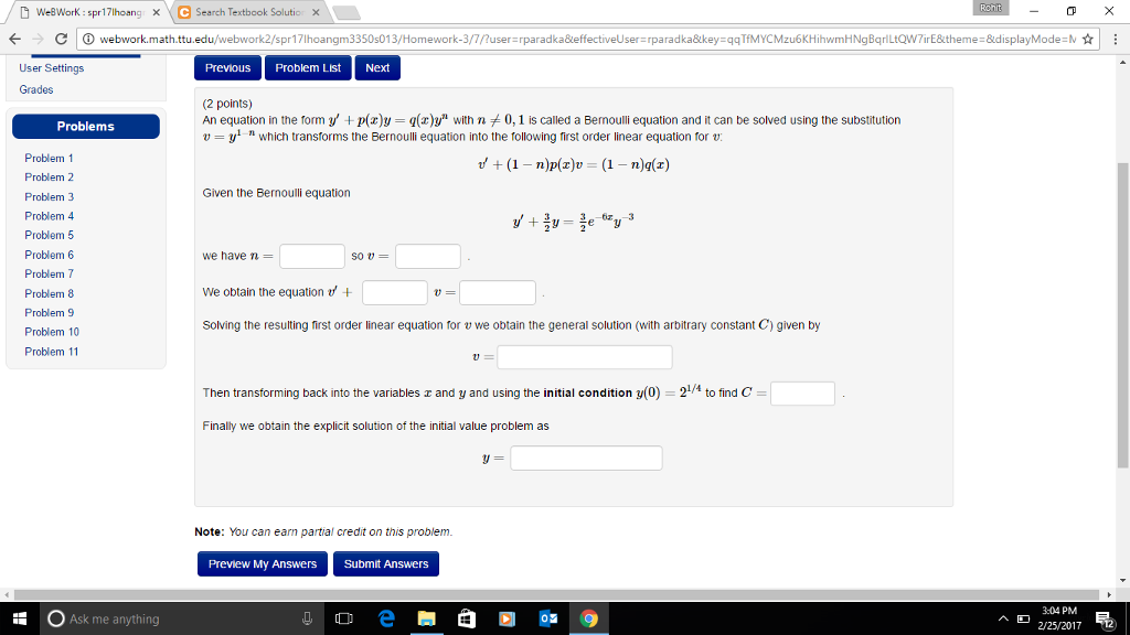 Solved An equation in the form y' + p(x) y = q(x) y^n with n | Chegg.com