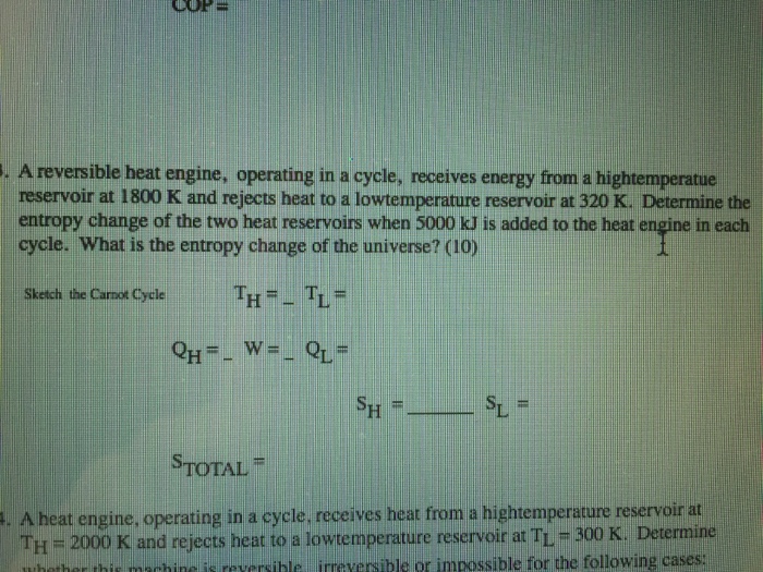 Solved A reversible heat engine, operating in a cycle, | Chegg.com