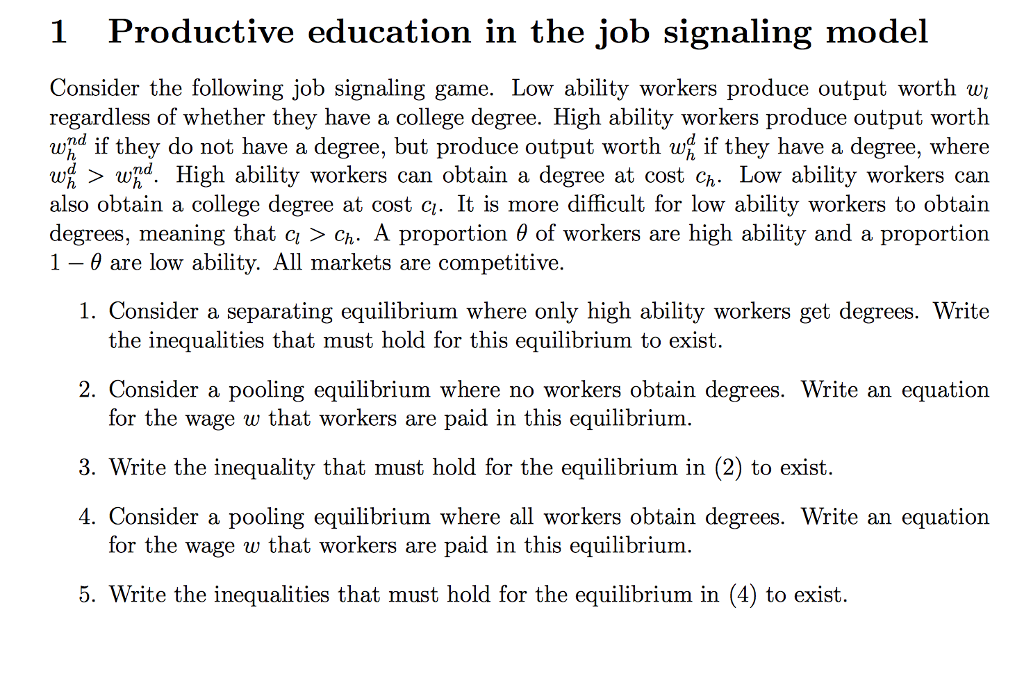 1 Productive education in the job signaling model | Chegg.com