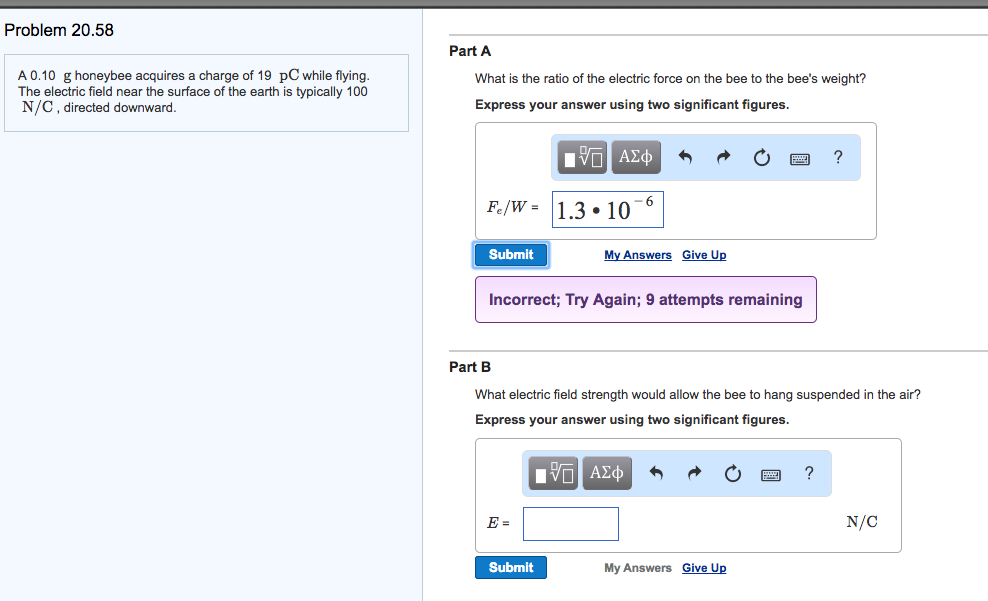 Solved A 0.10 g honeybee acquires a charge of 19 pC while