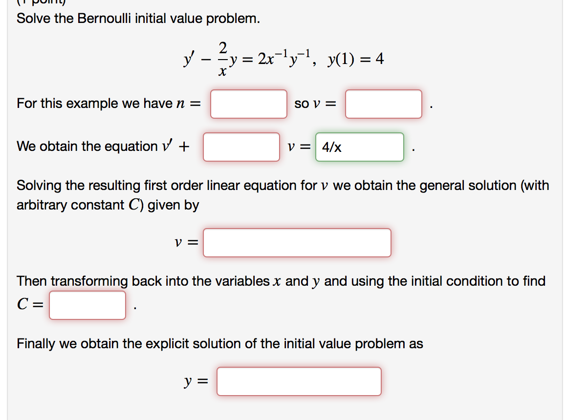 Solved Solve the Bernoulli initial value problem. y' - 2/x y | Chegg.com