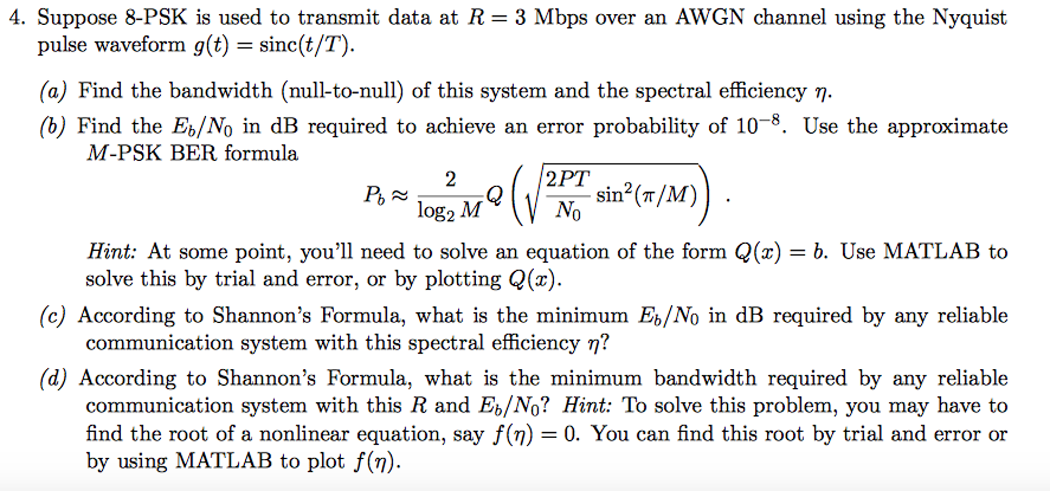 Suppose 8-PSK is used to transmit data at R = 3 Mbps | Chegg.com