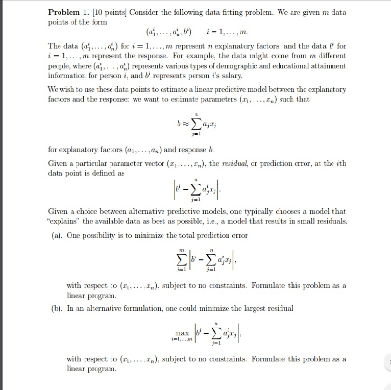 Problem 1. [10 points] Consider the following data | Chegg.com