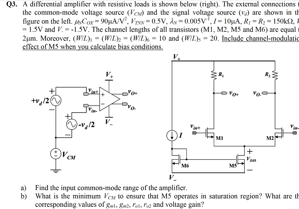 Solved Q3. A differential amplifier with resistive loads is | Chegg.com