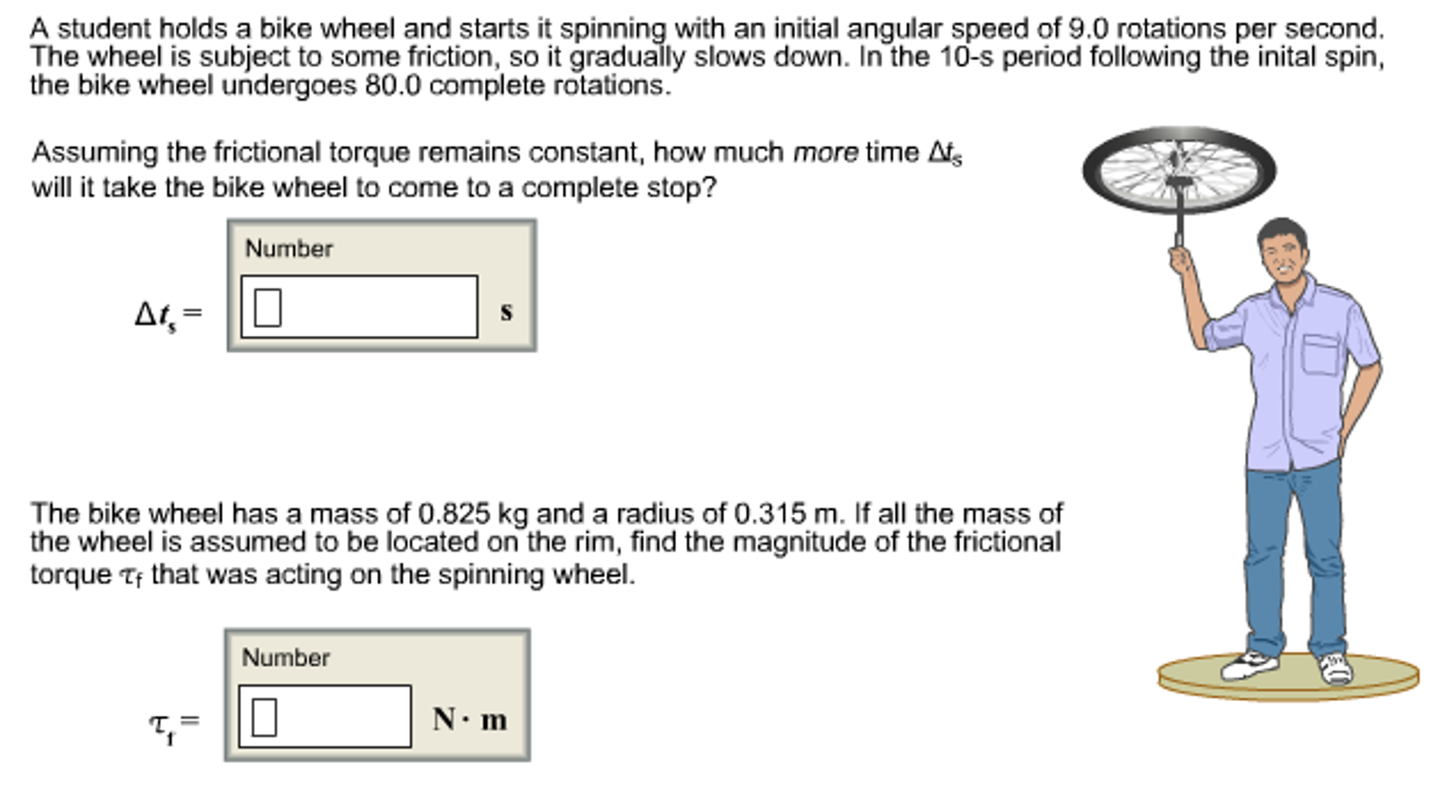 A student holds a bike wheel and starts it spinning