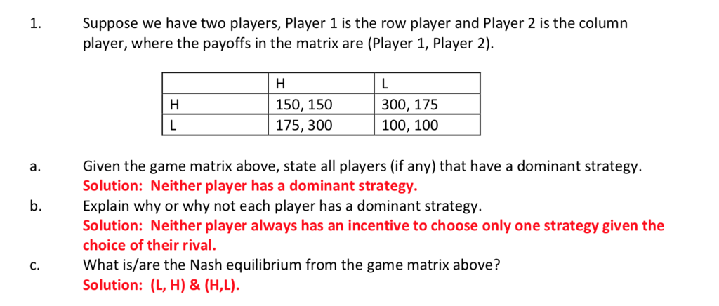 Solved 1. Suppose we have two players, Player 1 is the row | Chegg.com