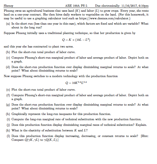 Solved ARE 100A PS 5 Due e : 11/16/2017, 6:10pm Phuong owns | Chegg.com