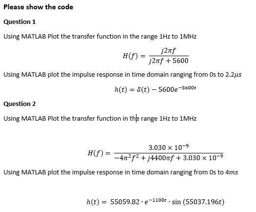 Solved Using MATLAB Plot the transfer function in the range | Chegg.com