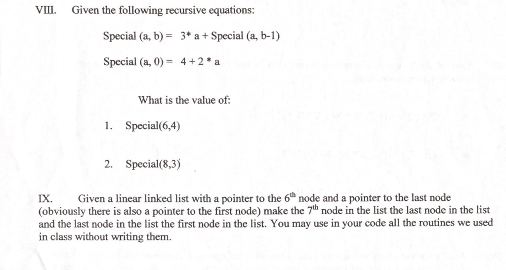 Solved VIII Given the following recursive equations: Special | Chegg.com