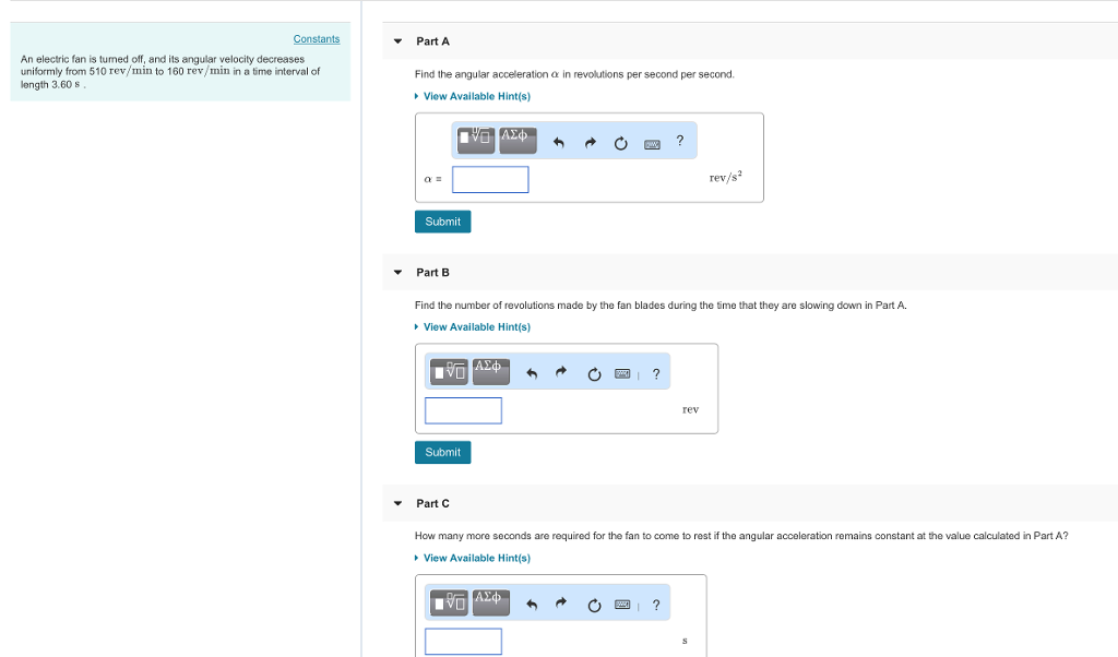 Solved Constants Part A An electric fan is tumed off, and | Chegg.com