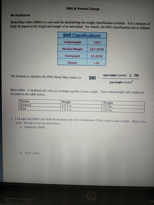 Solved BMI & Pereent Change Body Mass Index (BMI) is a tool Chegg pic