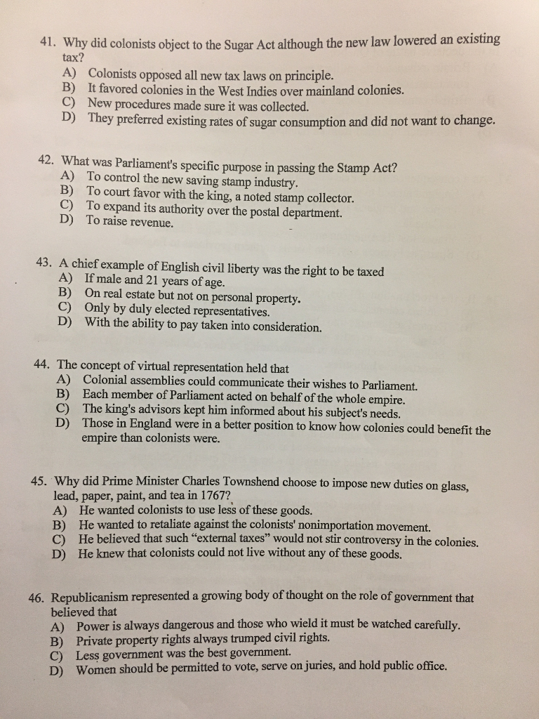 Solved 41. Why Did Colonists Object To The Sugar Act | Chegg.com