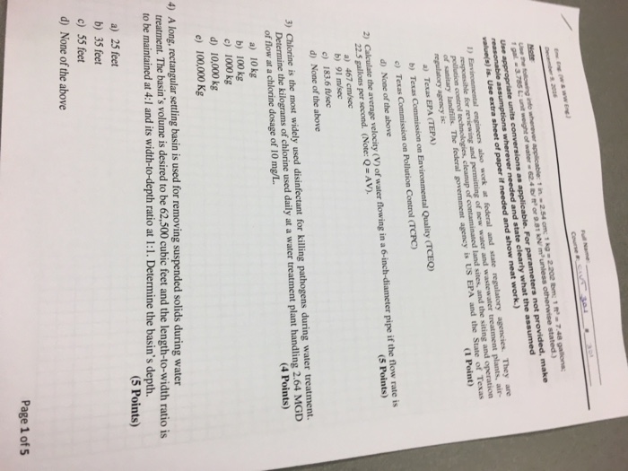 Solved Calculate the average velocity (V) of water flowing | Chegg.com
