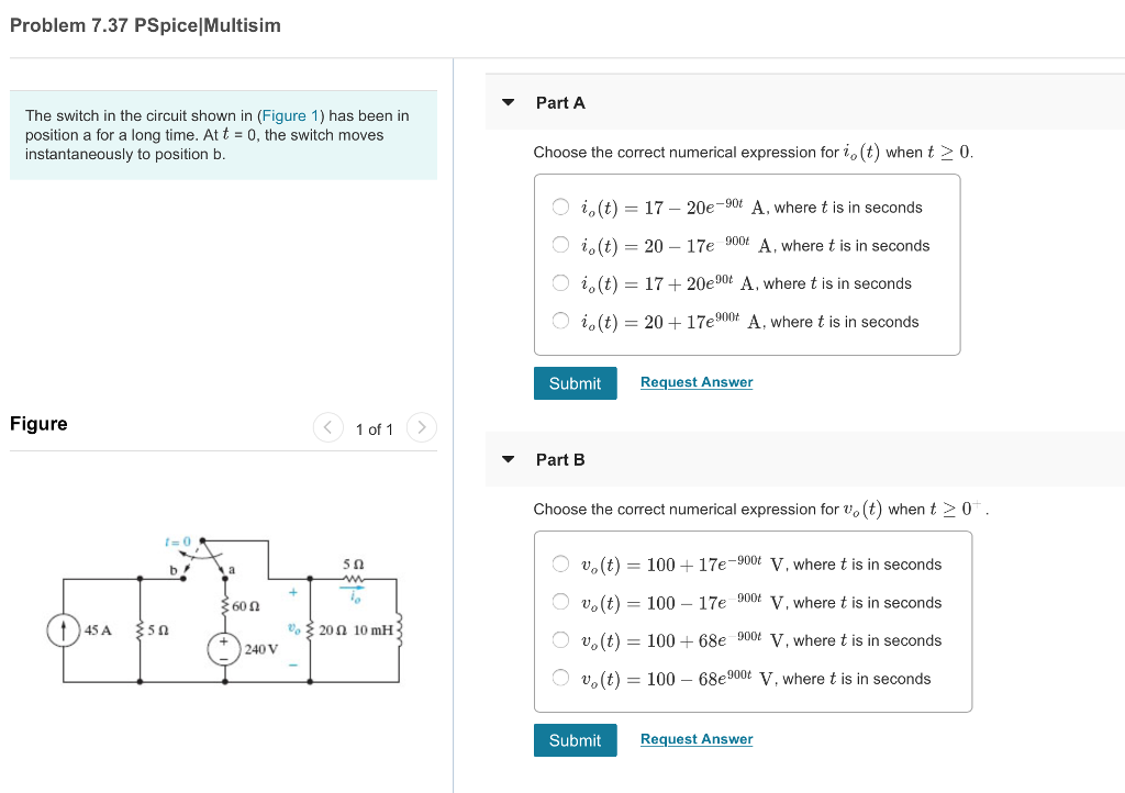 Solved Problem 7.37 PSpice Multisim Part A The switch in the