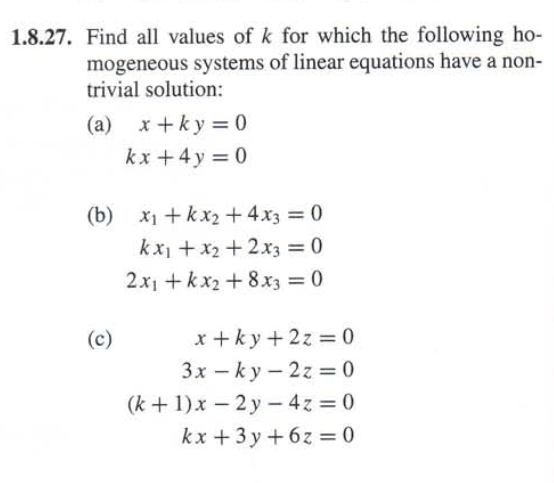 Solved 1.8.27. Find all values of k for which the following | Chegg.com