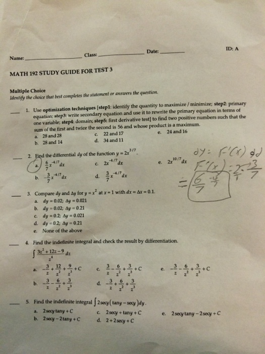 Solved Date: ID: A Name: Class: MATH 192 STUDY GUIDE FOR | Chegg.com